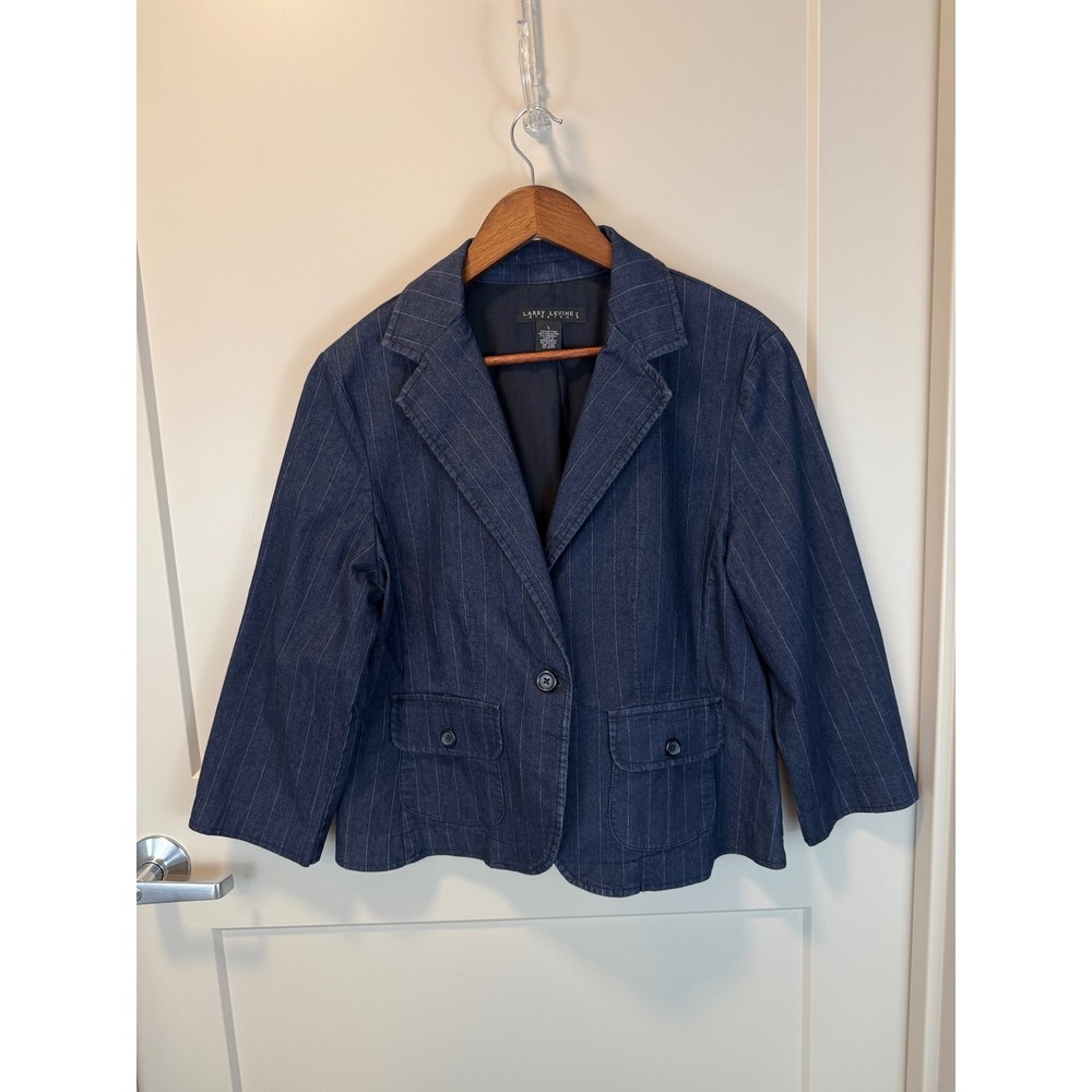 Larry Levine Women's‎ Navy Stretch Pinstripe Blazer Jacket Preppy Academia Large